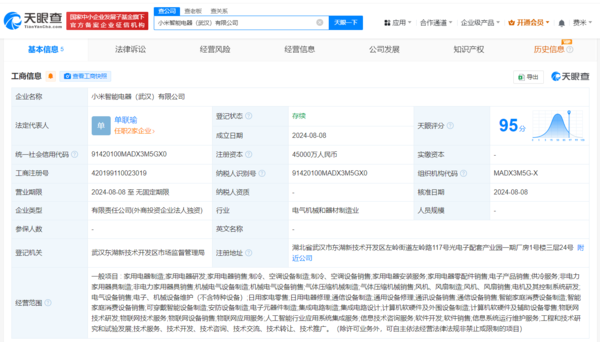 小米在武汉正式成立智能电器公司 注册资本4.5亿元