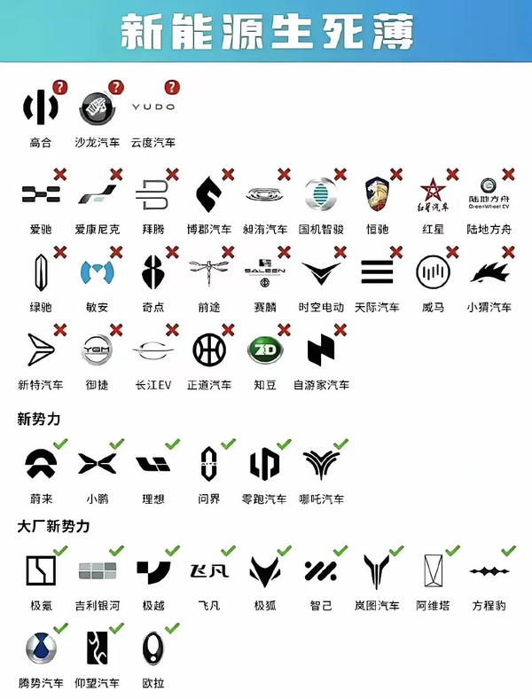 网友自制国内新能源汽车&ldquo;生死簿&rdquo; 已有24家品牌倒闭