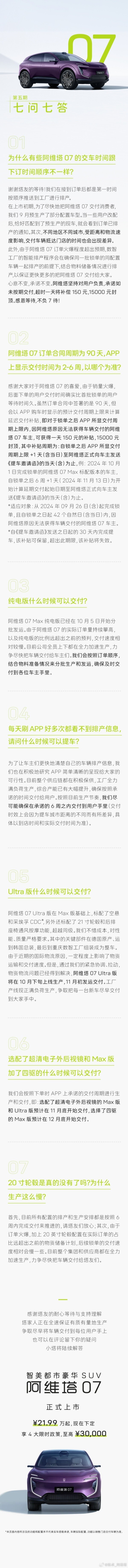 阿维塔发布&ldquo;交付专题&rdquo;七问七答 超时一天将补偿150元