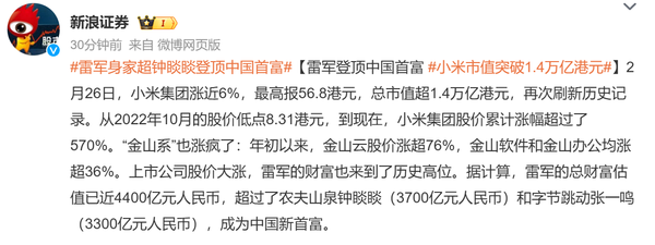 小米股价两年半暴涨570% 雷军超钟睒睒登顶中国首富